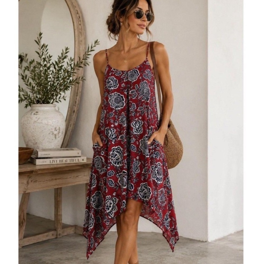Madewell Silk Floral Handkerchief Hem Slip Dress Red Feminine Bohemian
